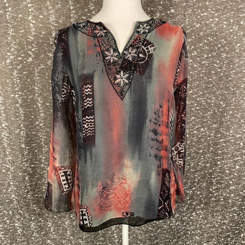 Vintage Peter Martin Abstract Print Silk Blouse Boho Whimsigoth Women's Small